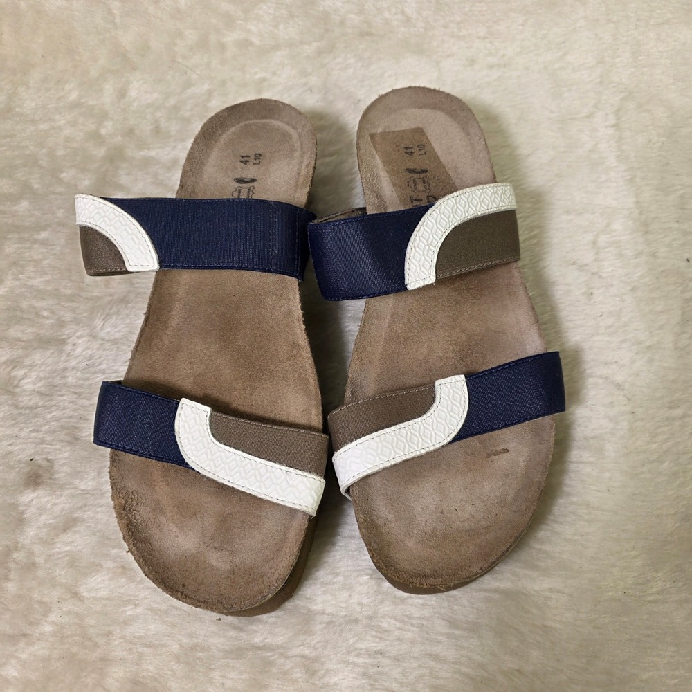 Naot Frankie Leather Slide Sandals Blue Brown White Womens 41 L 10 Excellent
